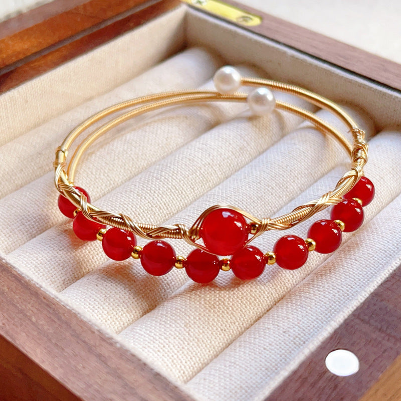 Natural Tiger Eye Grey Moonlight Pearl Strawberry Crystal Bracelet